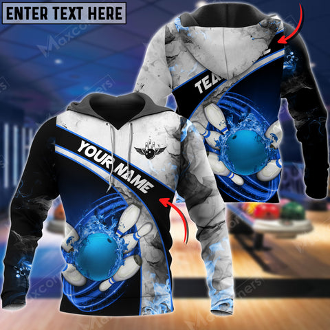 Maxcorners Custom Name Blue Fire Bowling Sport 3D Hoodie