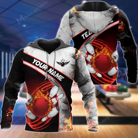 Maxcorners Custom Name Red Fire Bowling Sport 3D Hoodie