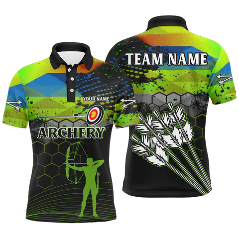 Maxcorners Personalized Text Green Colors 3D Arrows Archery Polo Shirts