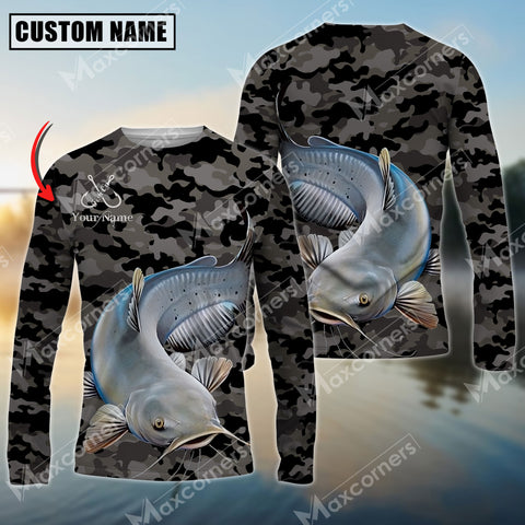 Maxcorner Catfish Fishing Camo Personalized Name 3D Long Sleeve Shirt