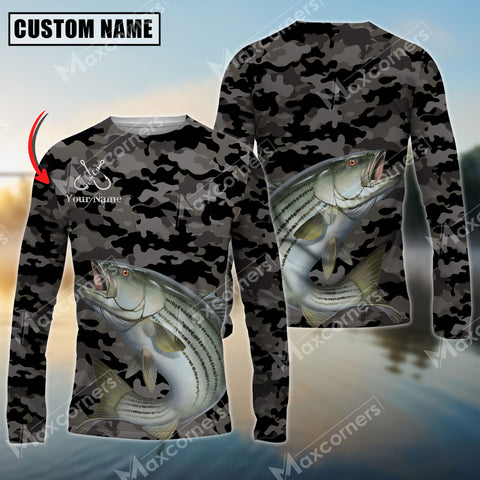 Maxcorner Striped Bass Fishing Camo Personalized Name 3D Long Sleeve Shirt