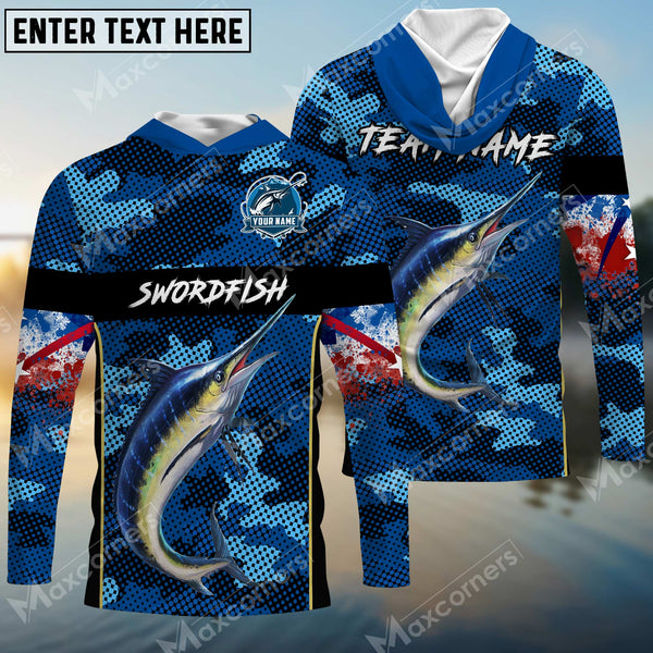 Maxcorners Personalized Name Swordfish Fishing US Flag 3D Hooded Long Sleeves Shirt