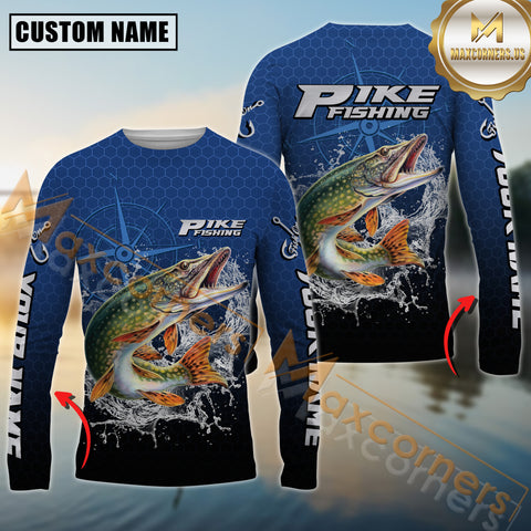 Maxcorners Pike Fishing Jumping Fish Splash Effect Personalized Name 3D Long Sleeve Shirt