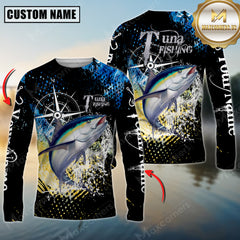 Maxcorners Tuna Fishing Compass Splash 3D Personalized Name, Team Name Long Sleeve Shirt
