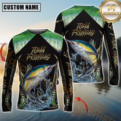 Maxcorners Golden Tuna Fishing Shirt Jumping Fish Design Personalized Name, Team Name 3D Long Sleeve Shirt