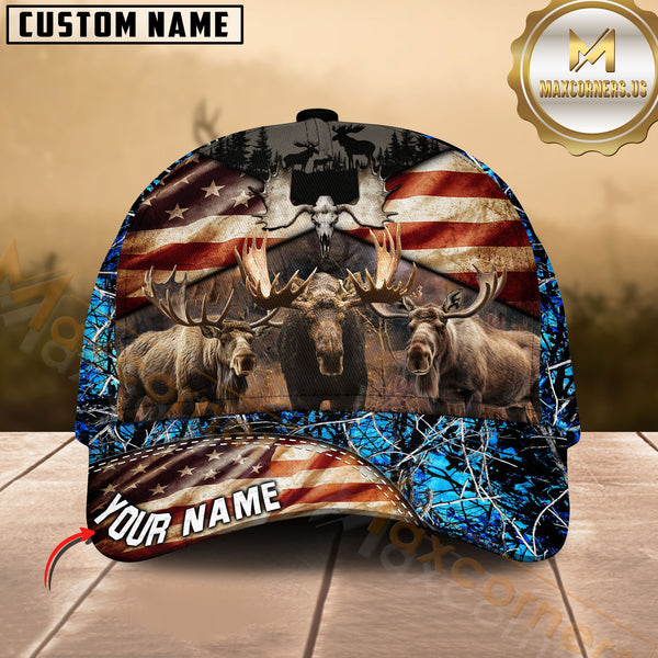 Maxcorners American Flag Moose Hunting Camo Multicolor Options Personalized Name 3D Cap