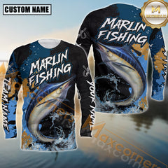 Maxcorners Marlin Fishing Shirt Camo Splash Design Personalized Name, Team Name 3D Long Sleeve Shirt