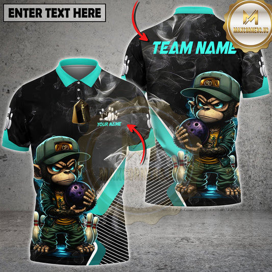 Maxcorners Monkey Bowling Shirt Angry Cartoon Monkey Holding Bowling Ball Smoke Effect Multicolor Options Personalized Name, Team Name 3D Shirt (4 Colors)