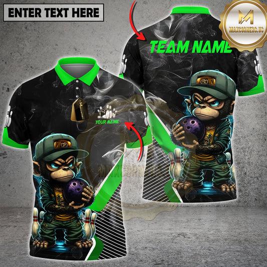 Maxcorners Monkey Bowling Shirt Angry Cartoon Monkey Holding Bowling Ball Smoke Effect Multicolor Options Personalized Name, Team Name 3D Shirt (4 Colors)