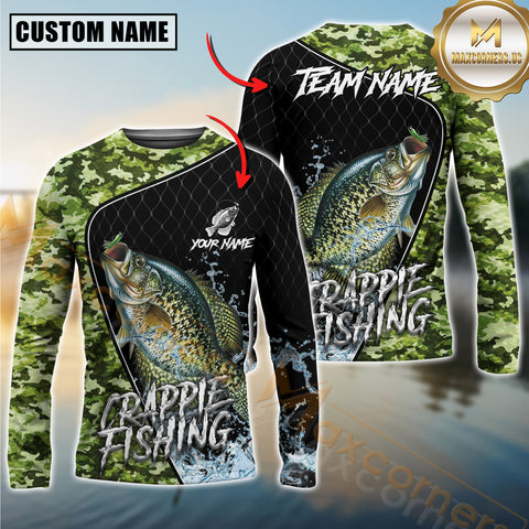 Maxcorners Crappie Fishing Camo Pattern Custom Graphic Personalized Name, Team Name 3D Long Sleeve Shirt