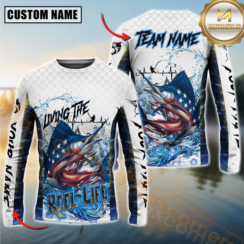 Maxcorners Marlin Fishing Jersey Patriotic Reel Life Design Personalized Name, Team Name 3D Long Sleeve Shirt