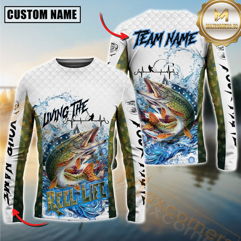 Maxcorners Pike Fishing Jersey Patriotic Reel Life Design Personalized Name, Team Name 3D Long Sleeve Shirt