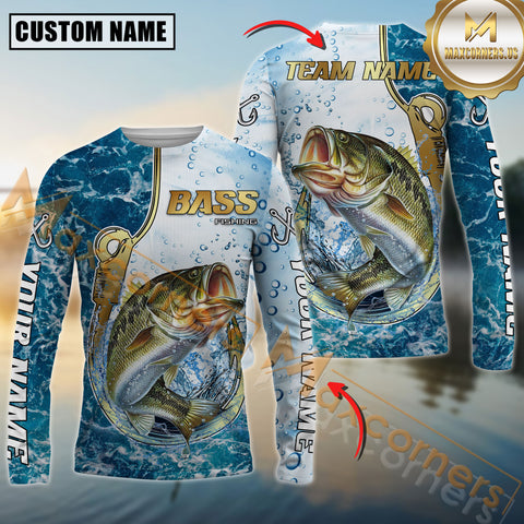 Maxcorners Bass Fishing Jersey Golden Hook Graphic Personalized Name, Team Name 3D Long Sleeve Shirt