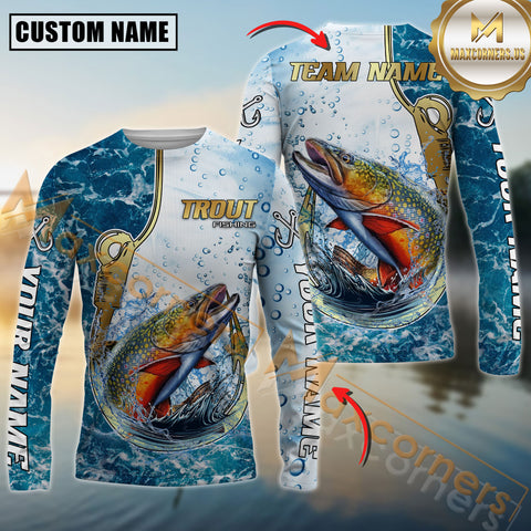 Maxcorners Trout Fishing Jersey Golden Hook Graphic Personalized Name, Team Name 3D Long Sleeve Shirt