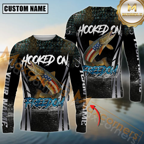 Maxcorners Fishing Shirt Patriotic American Flag Pike Design Personalized Name, Team Name 3D Long Sleeve Shirt