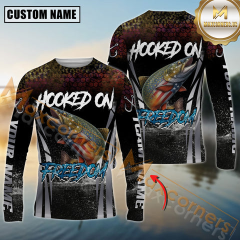 Maxcorners Fishing Shirt Patriotic American Flag Trout Design Personalized Name, Team Name 3D Long Sleeve Shirt