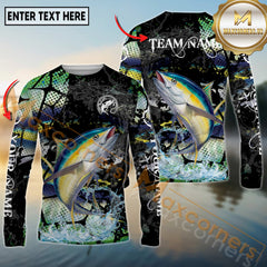 Maxcorners Saltwater Fishing Dark Water Art Style Personalized Name, Team Name 3D Long Sleeve Shirt
