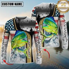 Maxcorners Saltwater Fishing Giant Fish Water Splash American Flag Landscape Personalized Name, Team Name 3D Long Sleeve Shirt