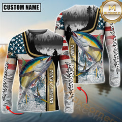 Maxcorners Saltwater Fishing Giant Fish Water Splash American Flag Landscape Personalized Name, Team Name 3D Long Sleeve Shirt