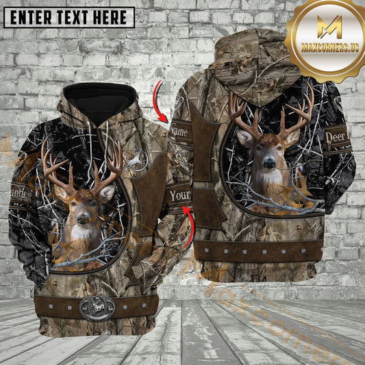 Maxcorners Deer Hunting Whitetail Buck Leather Patch Camo Multicolor Options Personalized Name, Team Name 3D Hoodie (4 Colors)