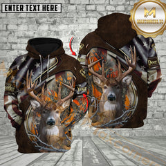 Maxcorners Deer Hunting American Flag Camo Leather Texture Multicolor Options Personalized Name, Team Name 3D Hoodie