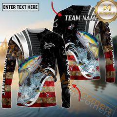 Maxcorners Saltwater Fishing American Flag Splash Art Personalized Name, Team Name 3D Long Sleeve Shirt