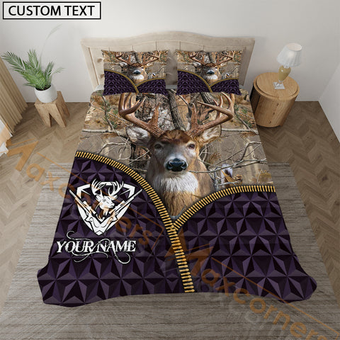Maxcorners Deer Hunting Purple Geometric Grass Brown Personalized Name Bedding Set 3D All Over Printed