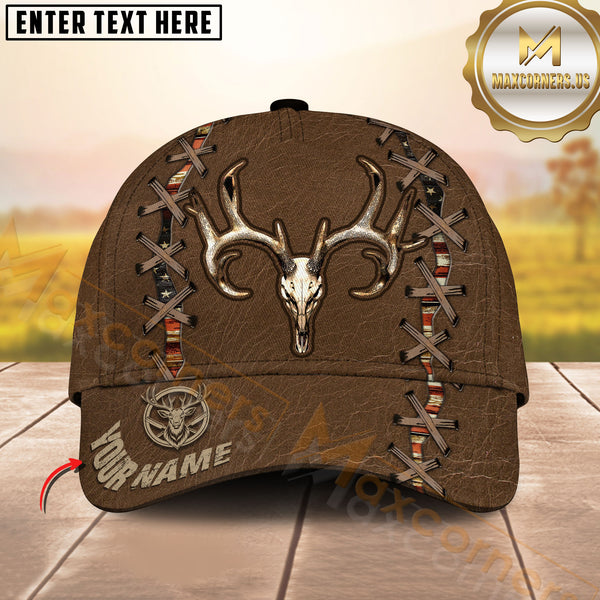 Maxcorners Custom Name Skull Antler Brown Leather Hunting Hat, Western Camo Stitch Personalized Cap