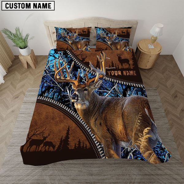 Maxcorners Deer Hunting Blue Camouflage Personalized Name Bedding Set 3D All Over Printed
