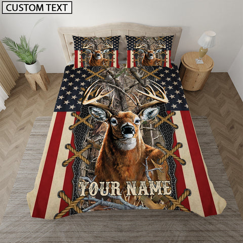 Maxcorners Deer American Flag Camo Grass Brown Personalized Name Bedding Set 3D All Over Printed