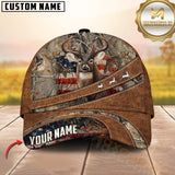 Maxcorners Deer Hunting American Flag Leather Multicolor Options Personalized Name 3D Cap