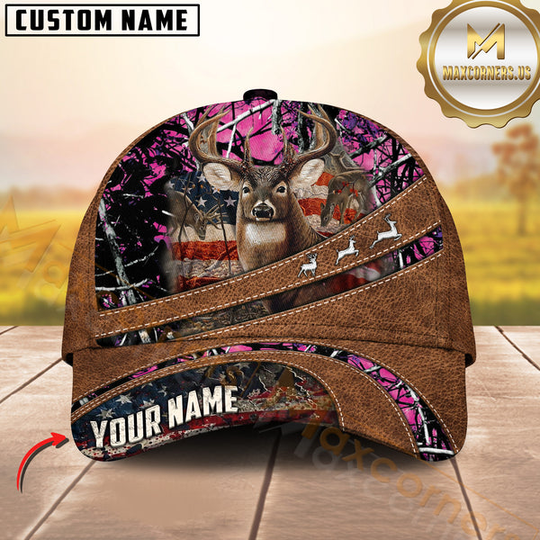Maxcorners Deer Hunting American Flag Leather Multicolor Options Personalized Name 3D Cap