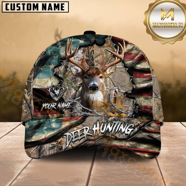 Maxcorners Patriotic Deer Hunting Camo Multicolor Options Personalized Name 3D Cap
