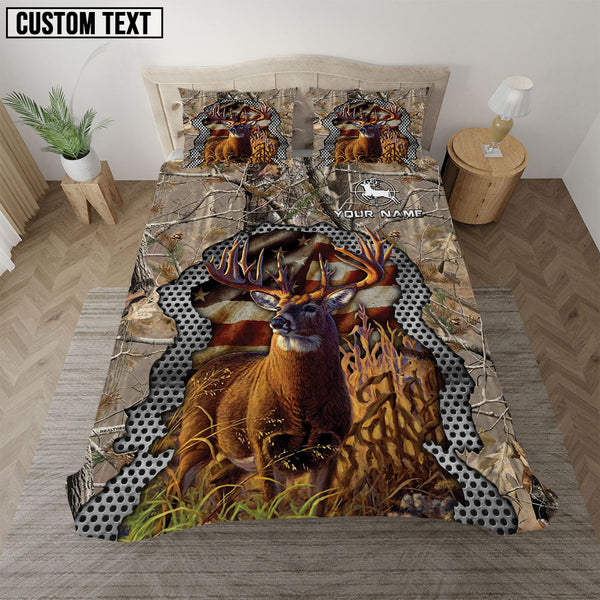 Maxcorners Deer Hunter American Flag Grass Brown Camo Personalized Name Bedding Set 3D All Over Printed