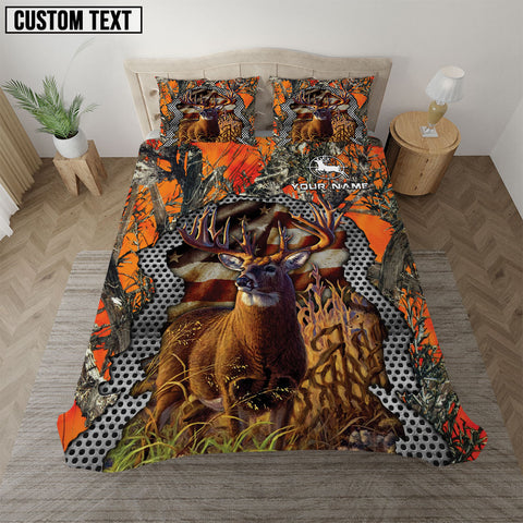 Maxcorners Deer Hunter American Flag Orange Camo Personalized Name Bedding Set 3D All Over Printed
