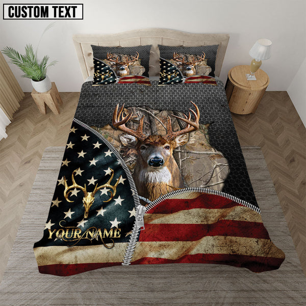 Maxcorners Patriotic Deer Hunter Grass Brown American Flag Bedding Set 3D All Over Printed