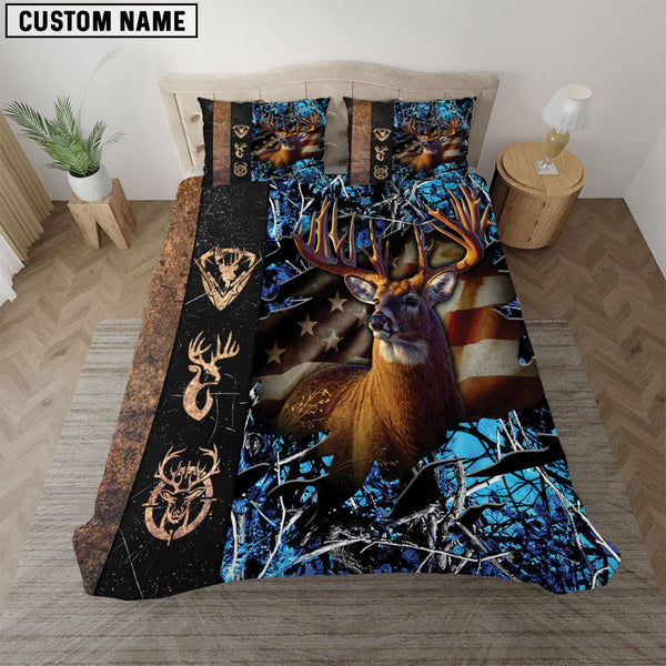 Maxcorners Rustic Deer Hunting Camo Blue American Pride Bedding Set 3D All Over Printed