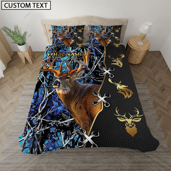 Maxcorners Blue Deer Hunter Forest Pattern Personalized Name Bedding Set 3D All Over Printed
