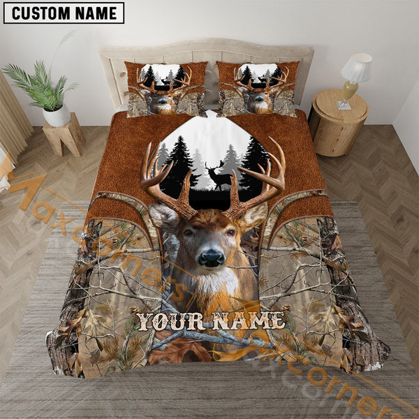 Maxcorners Deer Hunter Grass Brown Leather Camo Personalized Name Bedding Set 3D Printed