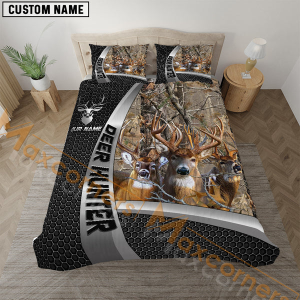 Maxcorners Deer Hunter Grass Brown Forest Camo Personalized Name Bedding Set 3D Printed