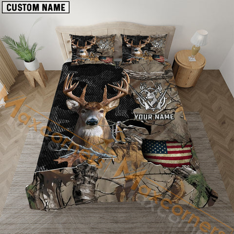Maxcorners Deer Hunting American Flag Brown Camo Personalized Name Bedding Set 3D All Over Printed