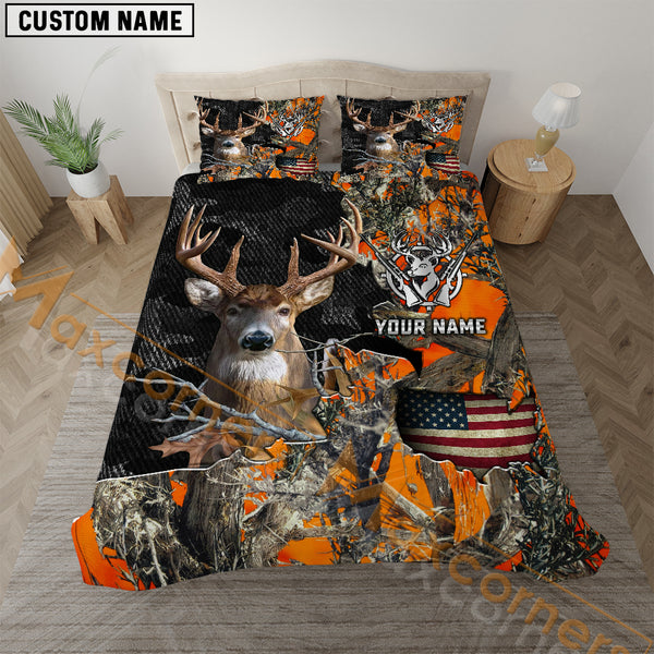 Maxcorners Deer Hunting American Flag Orange Camo Personalized Name Bedding Set 3D All Over Printed