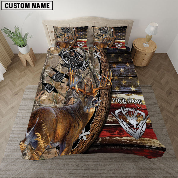Maxcorners Hunting Deer American Flag Camouflage Rustic Wood Personalized Name Bedding Set 3D All Over Printed| Grass Brown