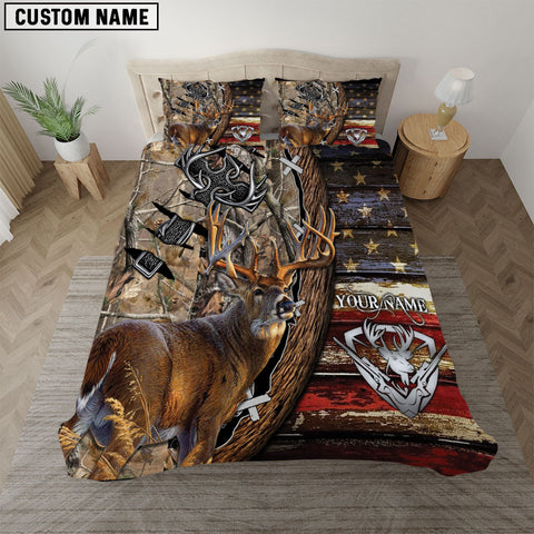 Maxcorners Hunting Deer American Flag Camouflage Rustic Wood Personalized Name Bedding Set 3D All Over Printed| Grass Brown
