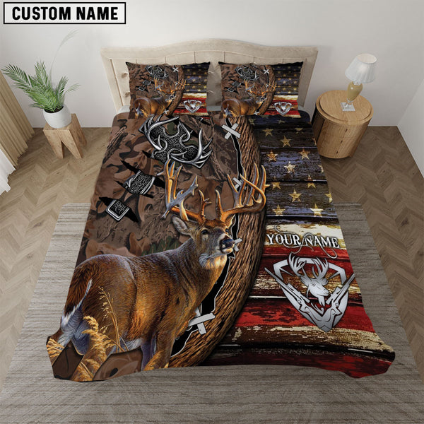 Maxcorners Hunting Deer American Flag Camouflage Rustic Wood Personalized Name Bedding Set 3D All Over Printed| Brown
