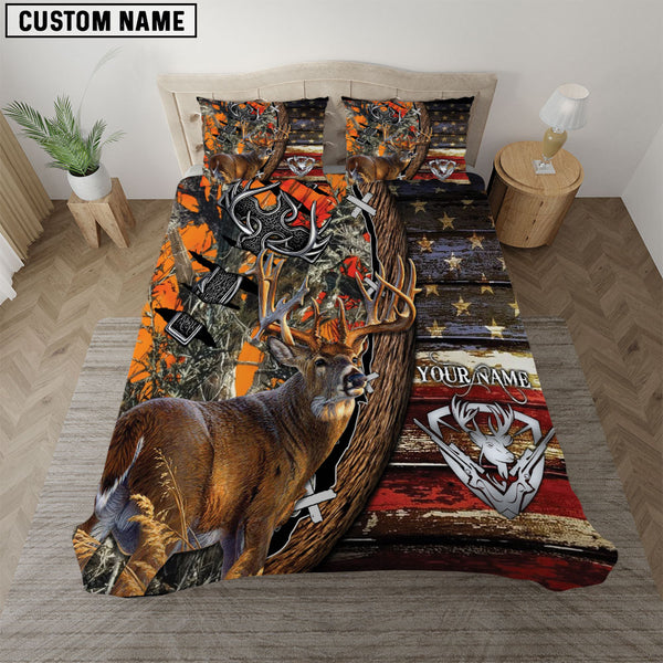 Maxcorners Hunting Deer American Flag Camouflage Rustic Wood Personalized Name Bedding Set 3D All Over Printed| Orange