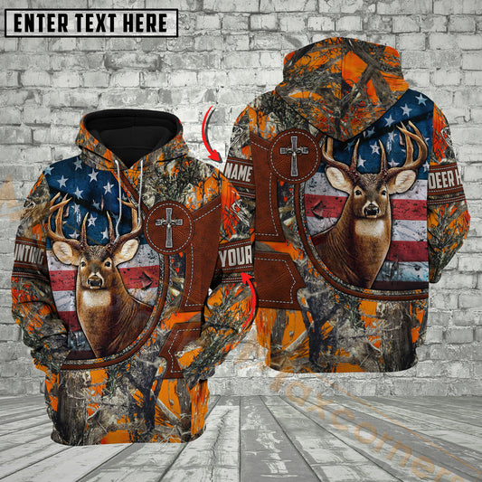 Maxcorners Deer Hunting American Flag Camo Forest Pattern Multicolor Options Personalized Name 3D Hoodie