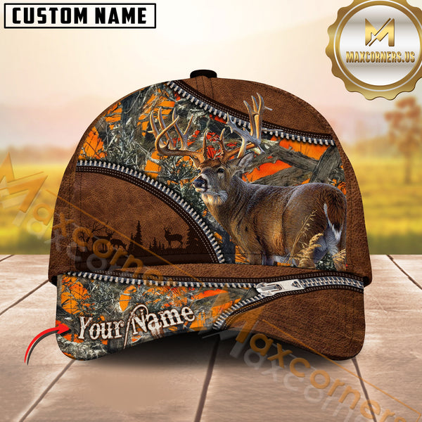 Maxcorners Deer Hunting Grass Brown Leather Camo Multicolor Options Personalized Name 3D Cap