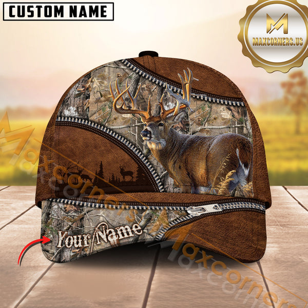 Maxcorners Deer Hunting Grass Brown Leather Camo Multicolor Options Personalized Name 3D Cap