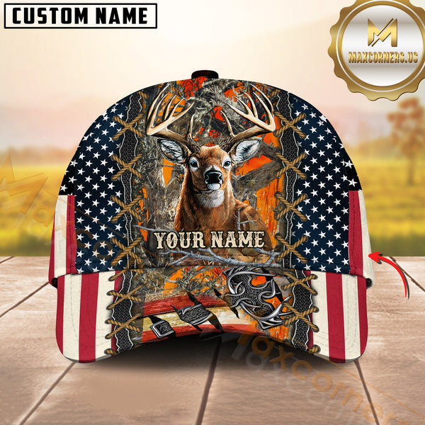 Maxcorners Hunting Deer American Flag Camouflage Barbed Wire 3D Cap Multicolor Options Personalized Name 3D Cap